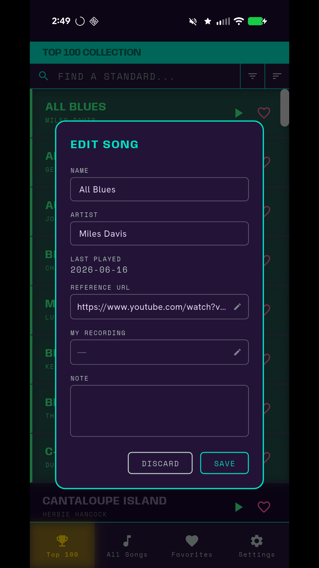 Track details for each song